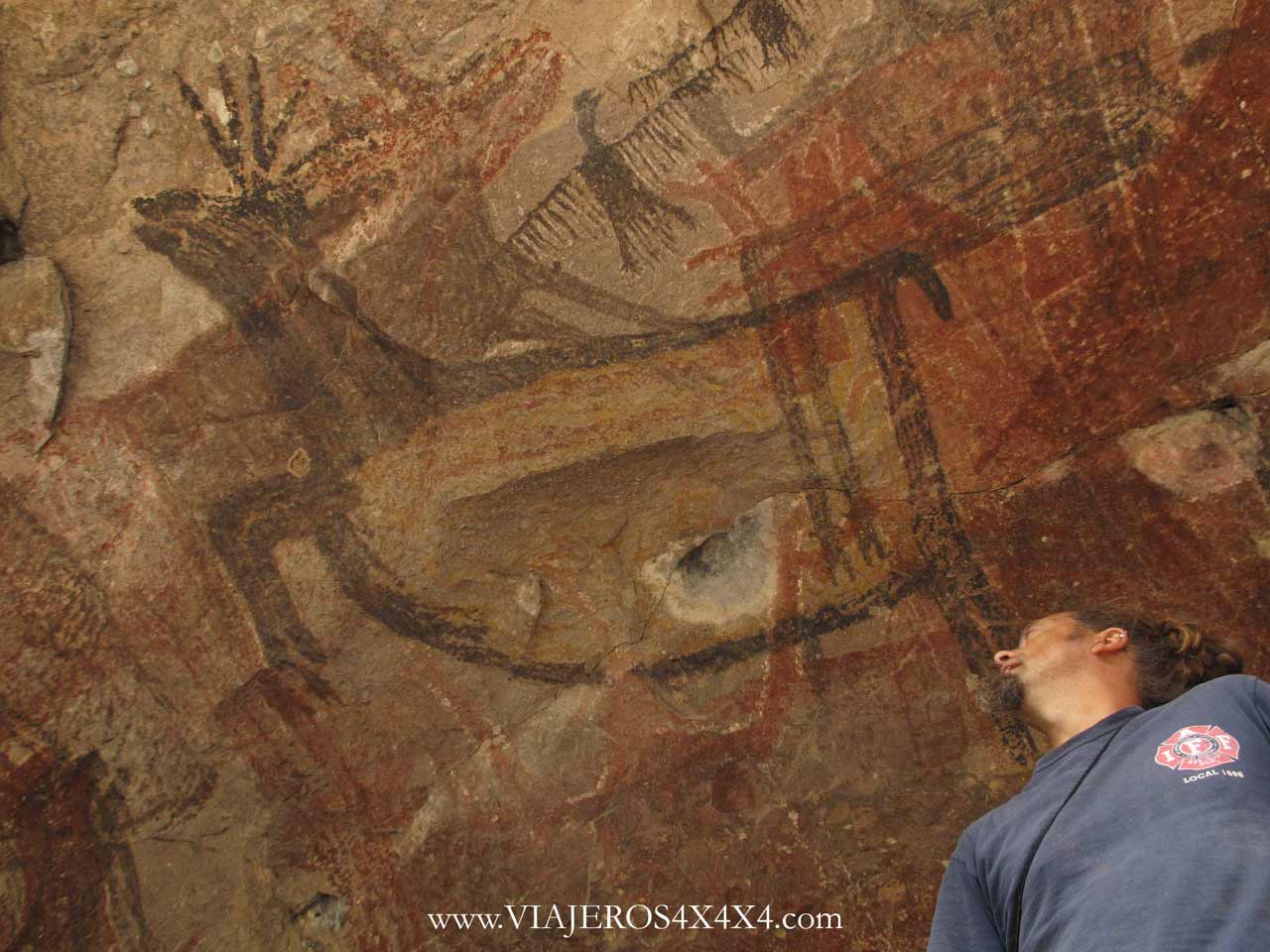 Pintura rupestre de un ciervo y un buitre sobre la cabeza de Pablo Rey