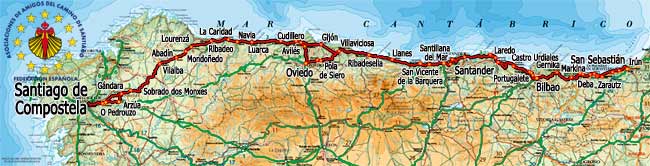 Mapa del Camino del Norte a Santiago de Compostela